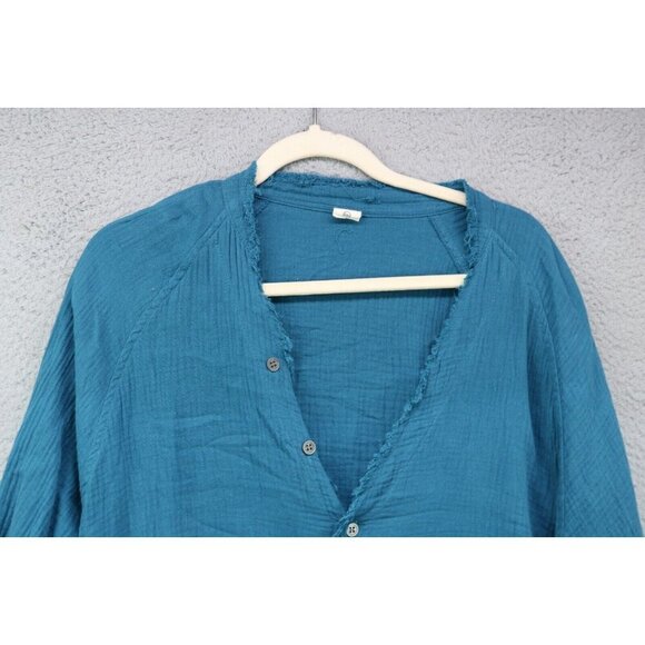 iGenjum Turquoise Long Sleeve Button-Up Beach Cover-Up-Size 2XL-Boho-Pockets - Picture 2 of 8